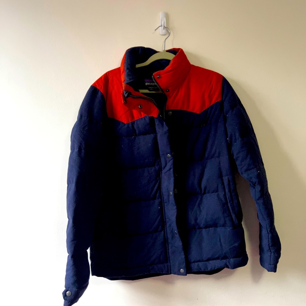 Patagonia down Bivy jacket women Large blue and orange.